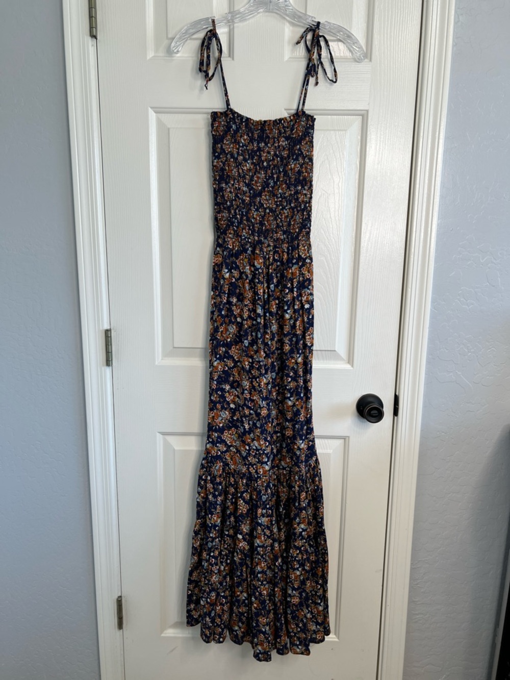 Blue Life smocked jumpsuit navy ditzy floral wide tiered flare legs XS - Picture 3 of 7